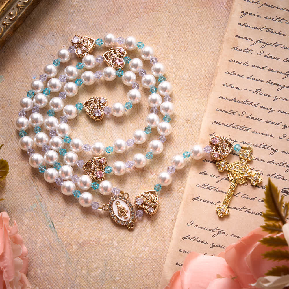 Glossy Imitation Pearl Rosary With Rhinestone Swan Heart Charms And Our Lady Medal & Jeweled Crucifix
