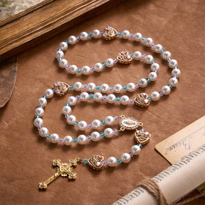 Glossy Imitation Pearl Rosary With Rhinestone Swan Heart Charms And Our Lady Medal & Jeweled Crucifix