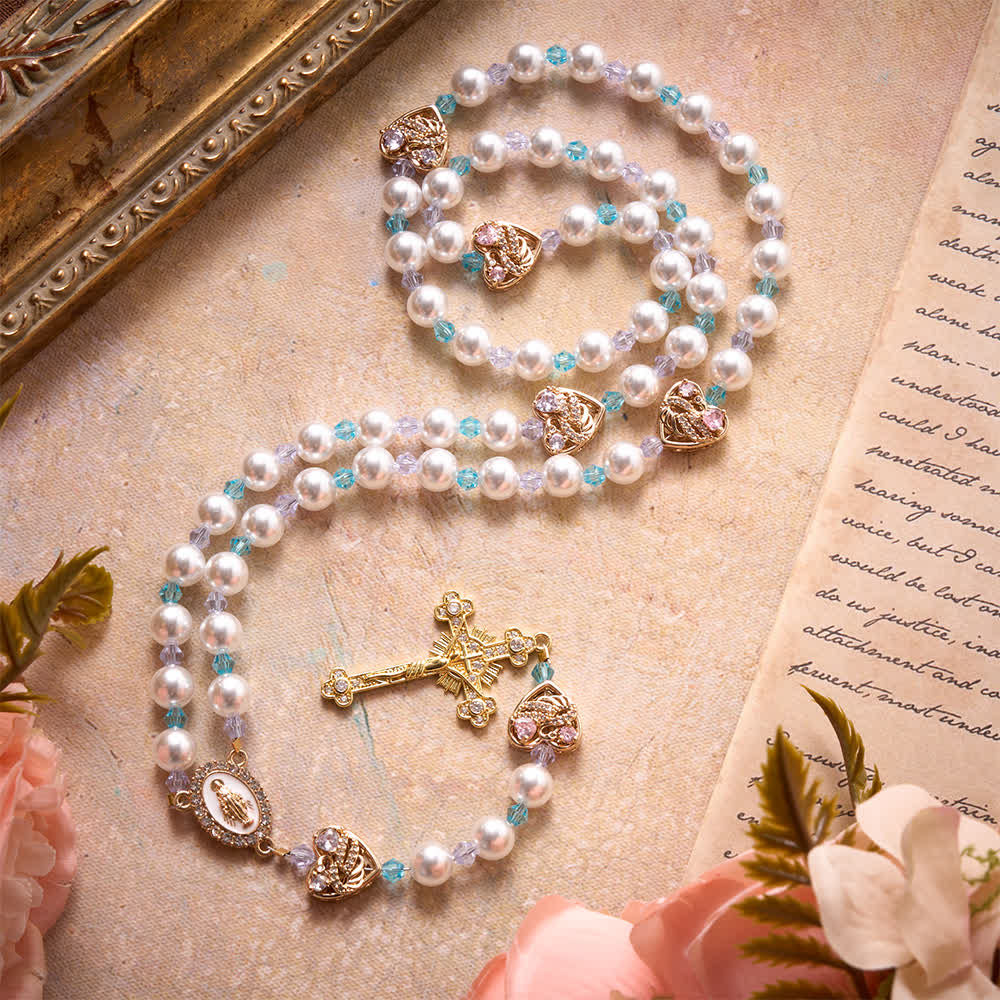 Glossy Imitation Pearl Rosary With Rhinestone Swan Heart Charms And Our Lady Medal & Jeweled Crucifix