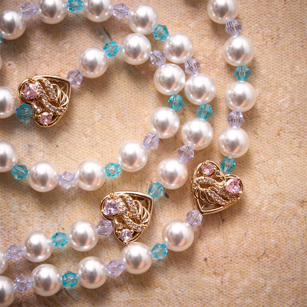 Glossy Imitation Pearl Rosary With Rhinestone Swan Heart Charms And Our Lady Medal & Jeweled Crucifix