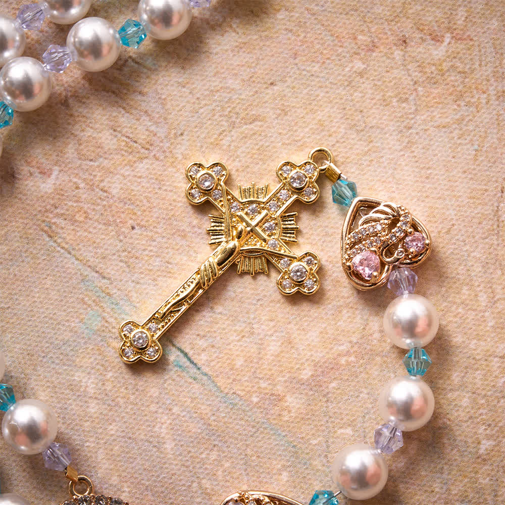 Glossy Imitation Pearl Rosary With Rhinestone Swan Heart Charms And Our Lady Medal & Jeweled Crucifix