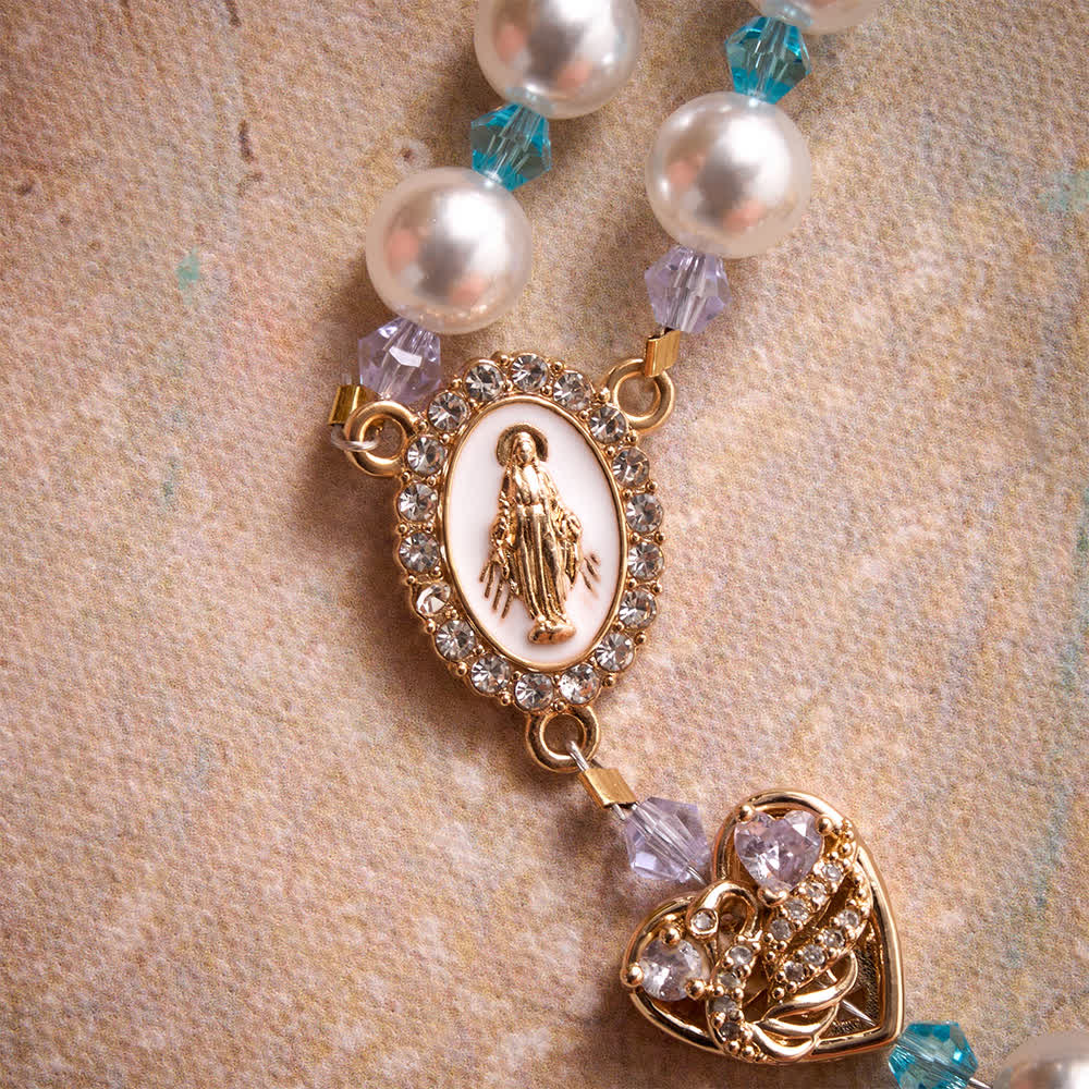 Glossy Imitation Pearl Rosary With Rhinestone Swan Heart Charms And Our Lady Medal & Jeweled Crucifix