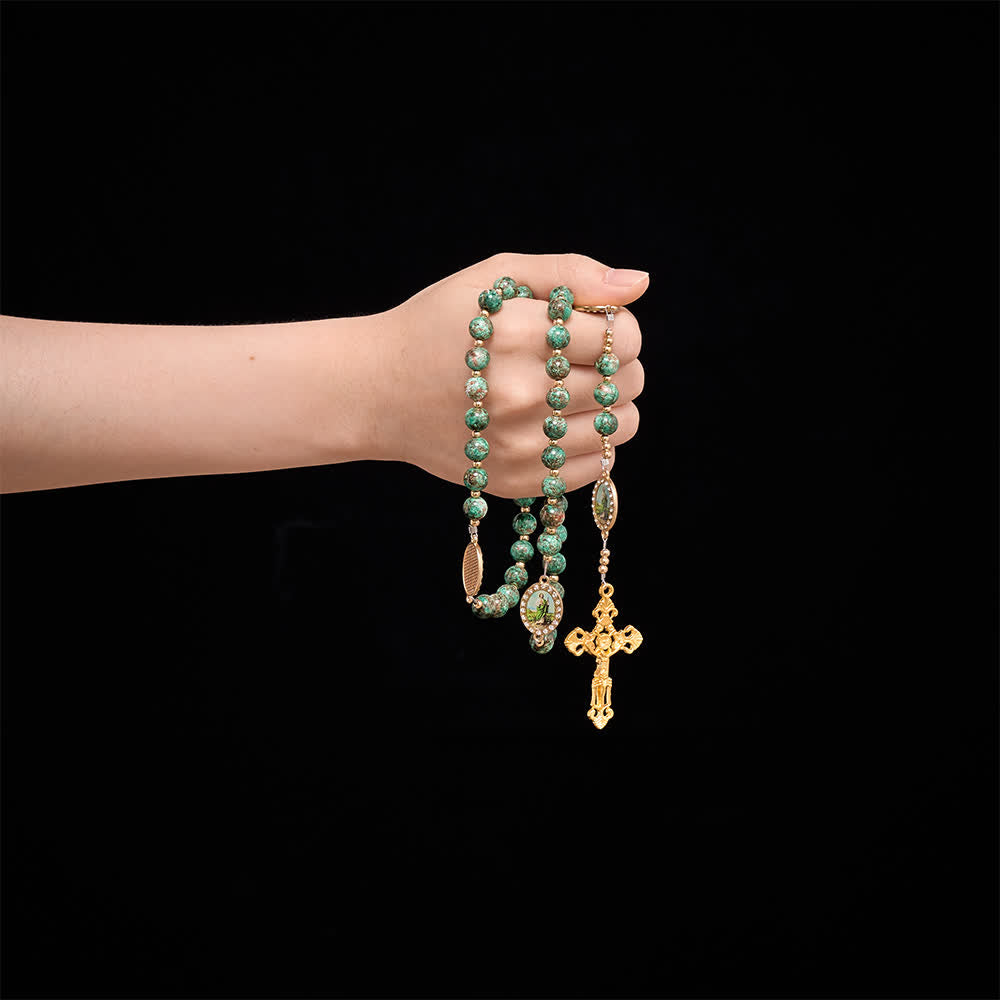Natural Speckled Green Glass Rosary Decorated With Printed Saint Jude Oval Medallions