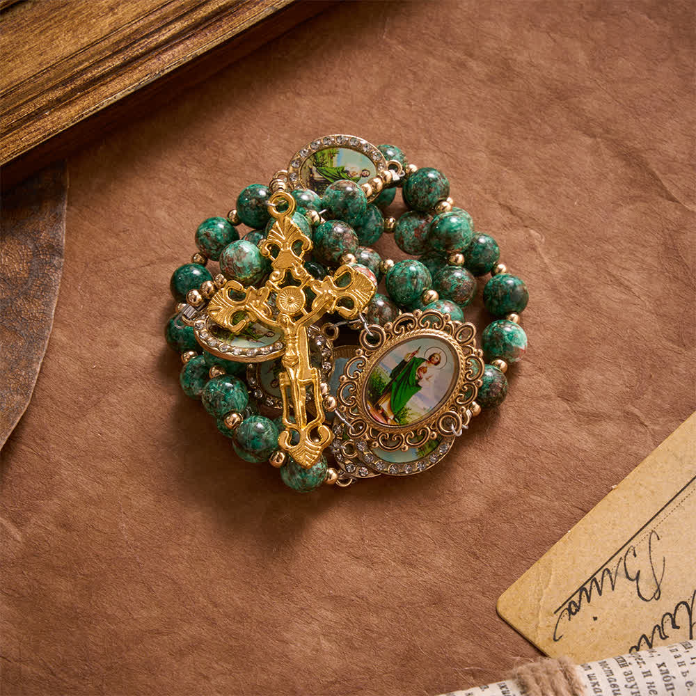 Natural Speckled Green Glass Rosary Decorated With Printed Saint Jude Oval Medallions