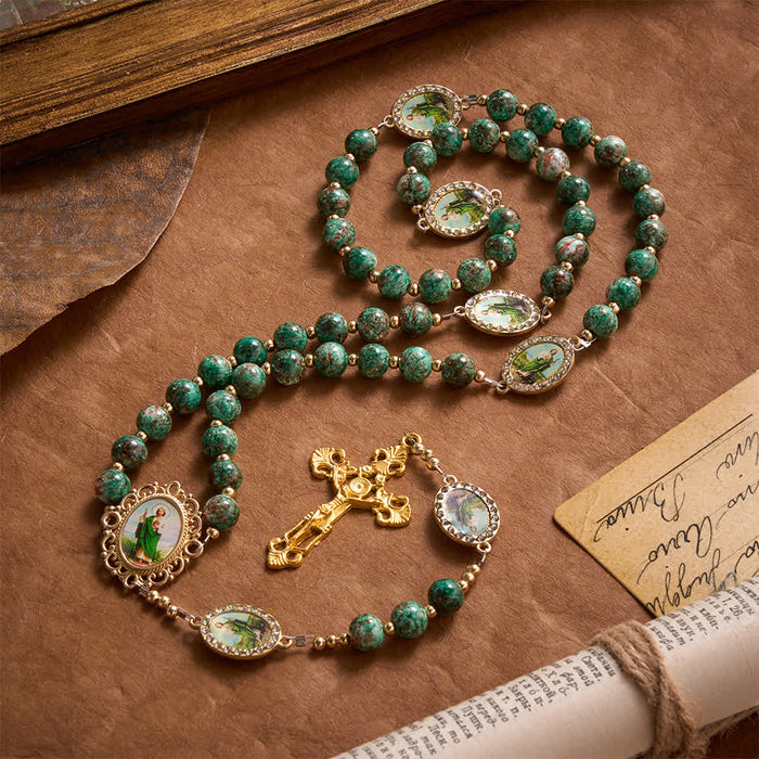 Natural Speckled Green Glass Rosary Decorated With Printed Saint Jude Oval Medallions