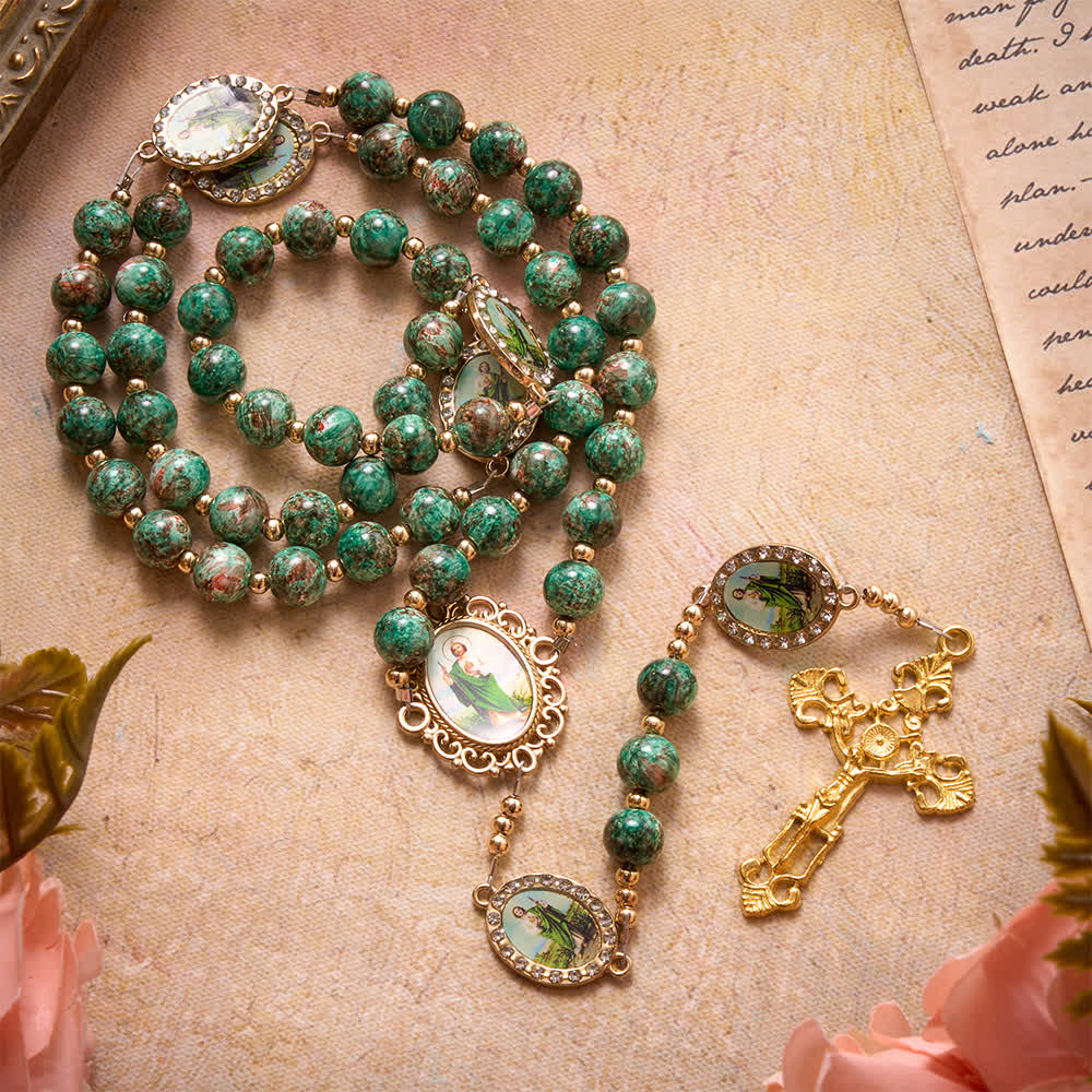 Natural Speckled Green Glass Rosary Decorated With Printed Saint Jude Oval Medallions
