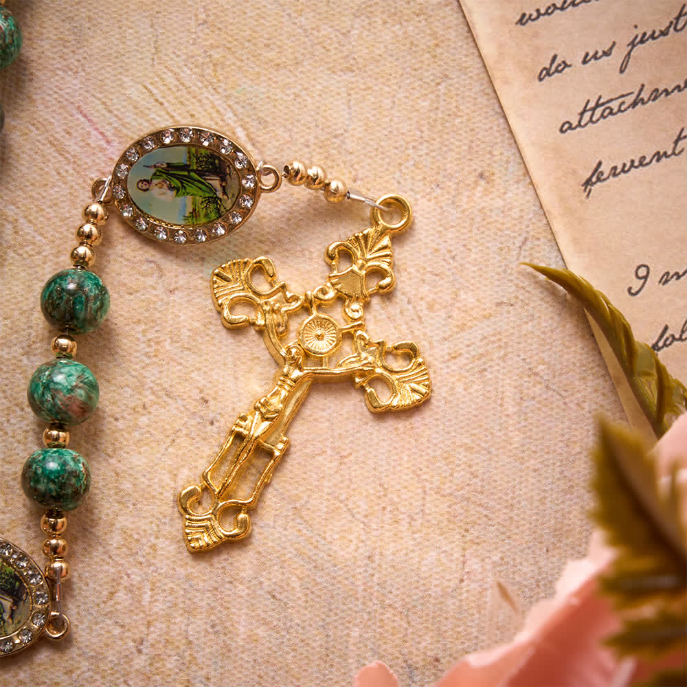 Natural Speckled Green Glass Rosary Decorated With Printed Saint Jude Oval Medallions