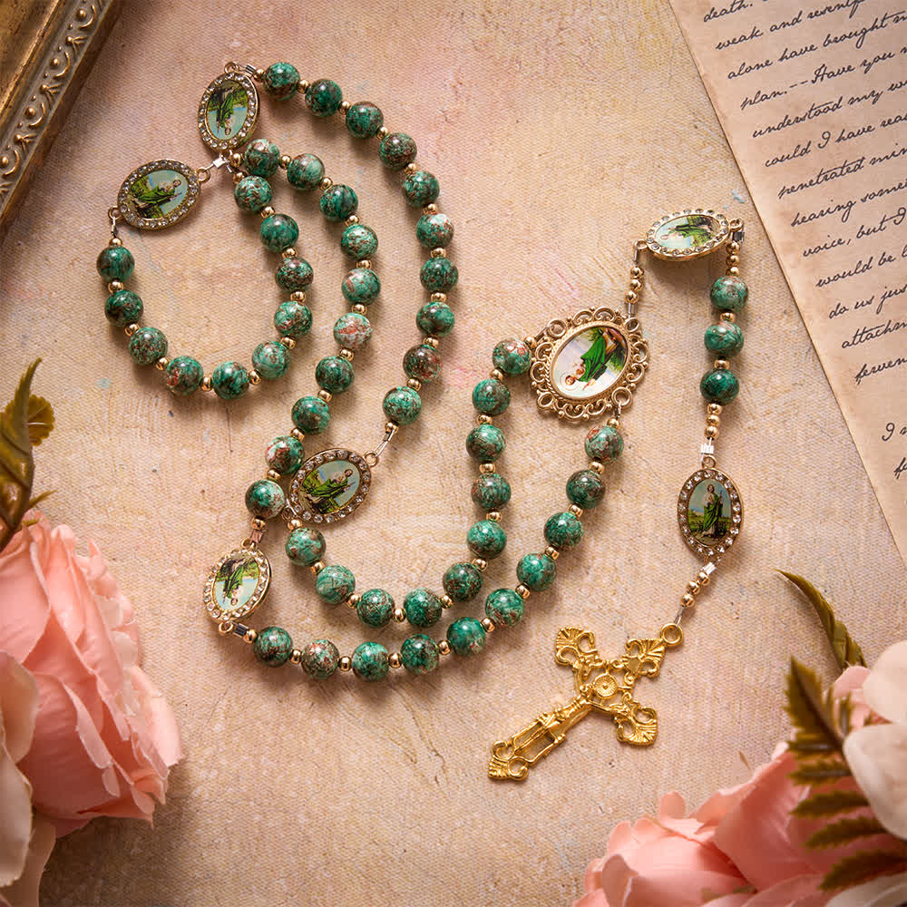 Natural Speckled Green Glass Rosary Decorated With Printed Saint Jude Oval Medallions