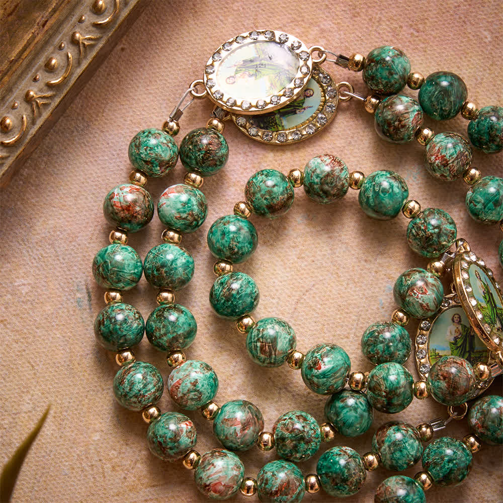Natural Speckled Green Glass Rosary Decorated With Printed Saint Jude Oval Medallions