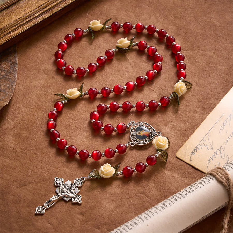 Red Resin Bead Divine Mercy Rosary With Cream Rose Leaf Charms & Vintage Crucifix