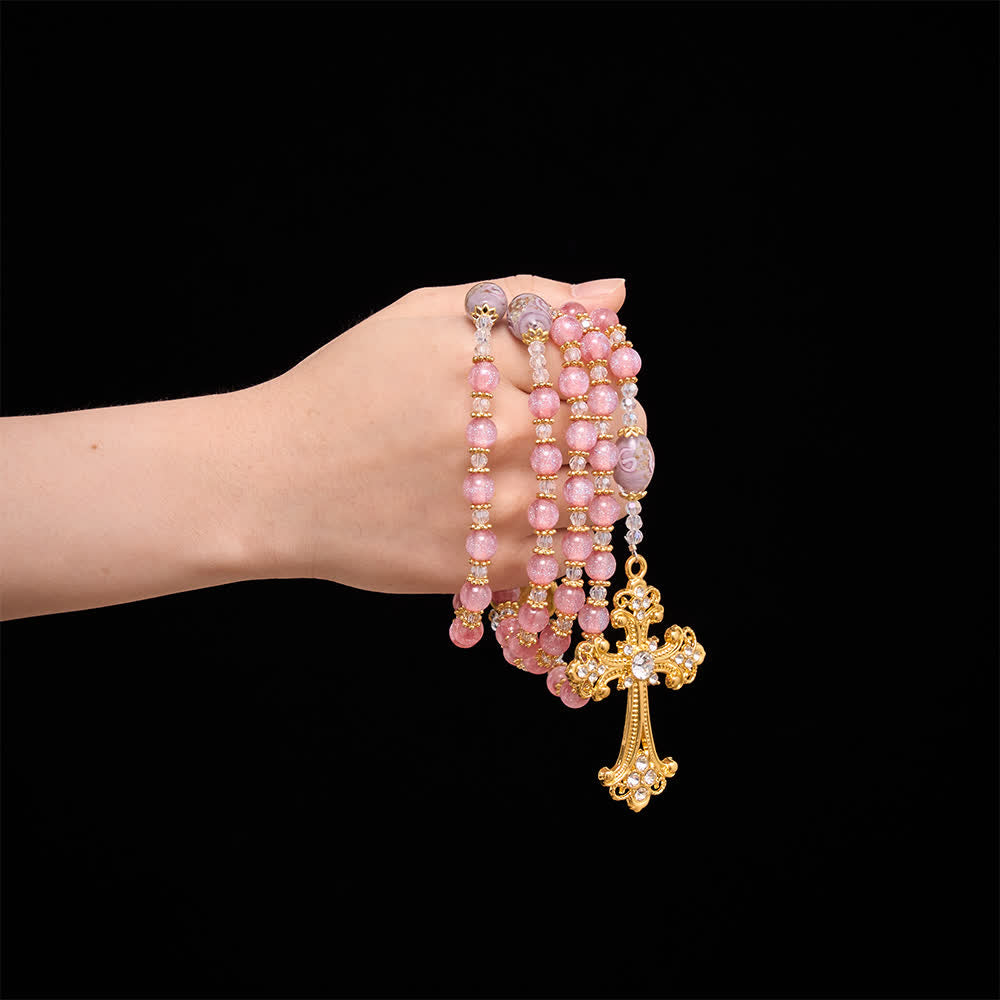 Luxe Pink Glitter Floral Glass Bead Rosary With Our Lady Heart Locket & Golden Cross: Emblem of Gentle Heavenly Purity