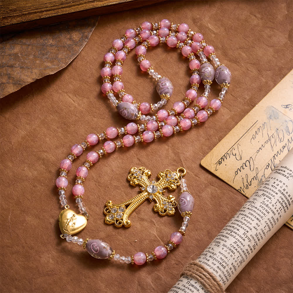 Luxe Pink Glitter Floral Glass Bead Rosary With Our Lady Heart Locket & Golden Cross: Emblem of Gentle Heavenly Purity
