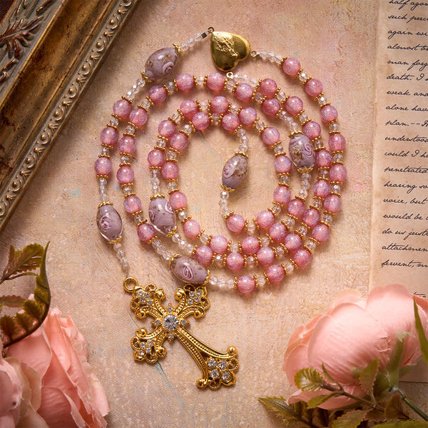 Luxe Pink Glitter Floral Glass Bead Rosary With Our Lady Heart Locket & Golden Cross: Emblem of Gentle Heavenly Purity