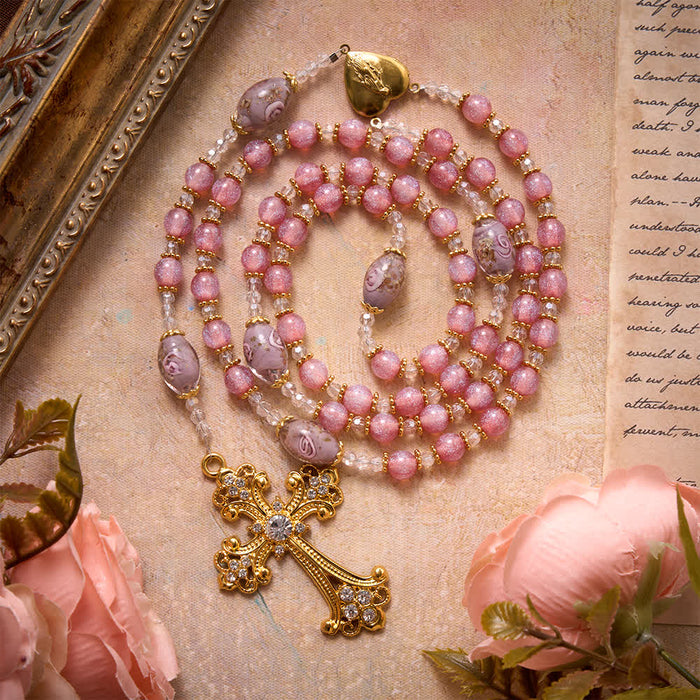 Luxe Pink Glitter Floral Glass Bead Rosary With Our Lady Heart Locket & Golden Cross: Emblem of Gentle Heavenly Purity