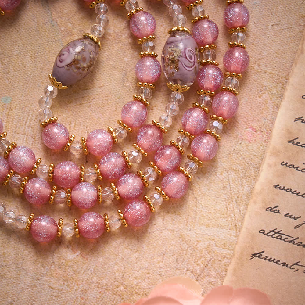Luxe Pink Glitter Floral Glass Bead Rosary With Our Lady Heart Locket & Golden Cross: Emblem of Gentle Heavenly Purity