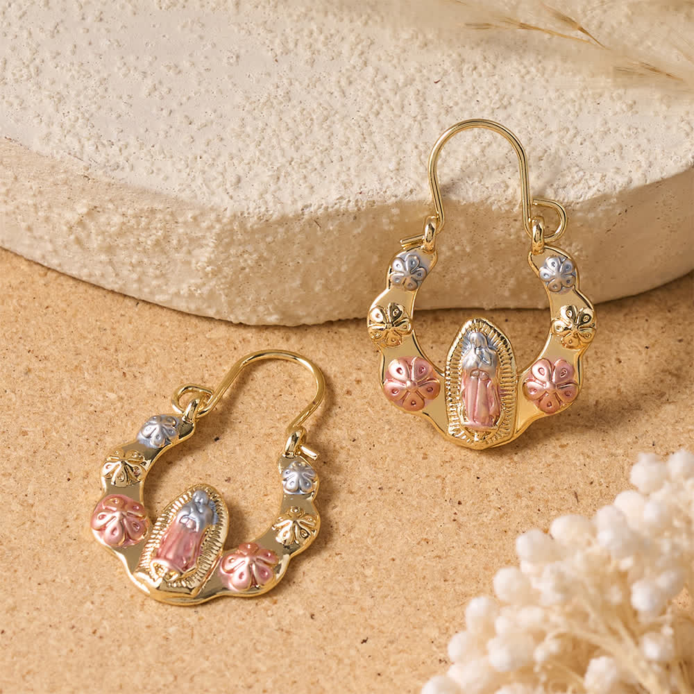 Tri-Toned Embossed Our Lady Wavy Horseshoe Hook Earrings With Floral Accents: Emblem of Tender Heavenly Shelter