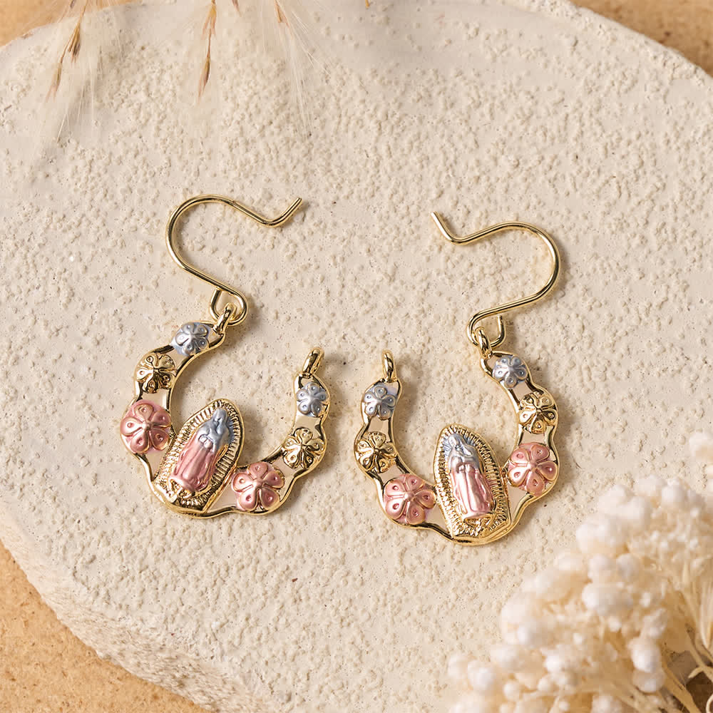 Tri-Toned Embossed Our Lady Wavy Horseshoe Hook Earrings With Floral Accents: Emblem of Tender Heavenly Shelter
