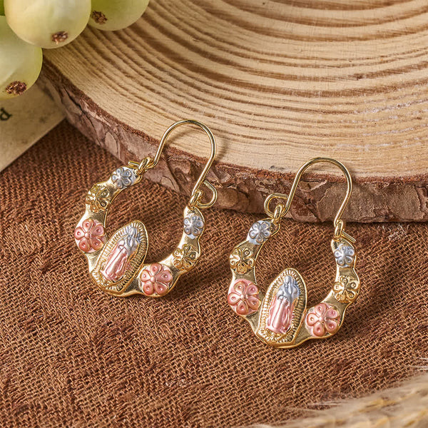 Tri-Toned Embossed Our Lady Wavy Horseshoe Hook Earrings With Floral Accents: Emblem of Tender Heavenly Shelter