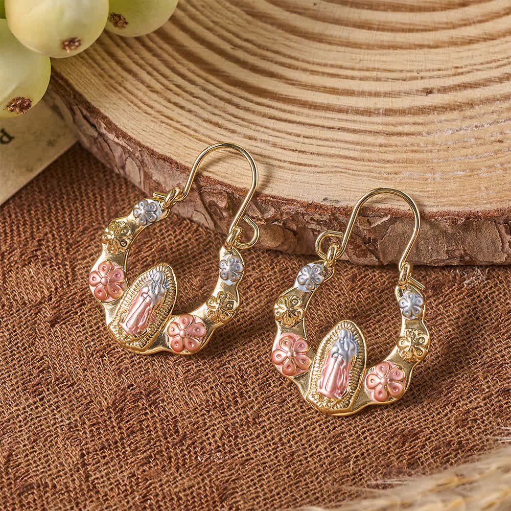 Tri-Toned Embossed Our Lady Wavy Horseshoe Hook Earrings With Floral Accents: Emblem of Tender Heavenly Shelter