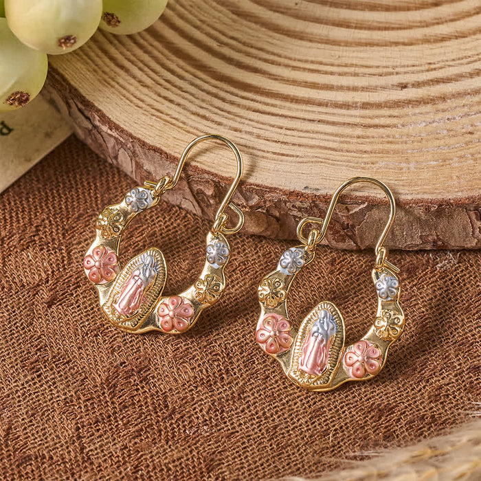 Tri-Toned Embossed Our Lady Wavy Horseshoe Hook Earrings With Floral Accents: Emblem of Tender Heavenly Shelter