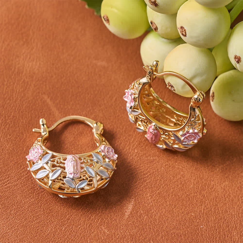 Openwork Filigree Floral Our Lady Basket Hoop Snap Earrings With Enamel Rose & Leaf Accents: Emblem of Tender Heavenly Shelter