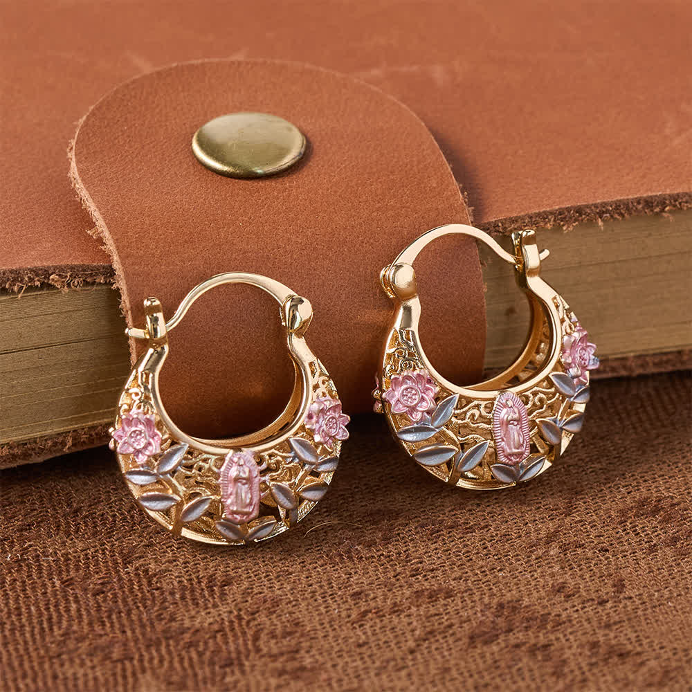 Openwork Filigree Floral Our Lady Basket Hoop Snap Earrings With Enamel Rose & Leaf Accents: Emblem of Tender Heavenly Shelter