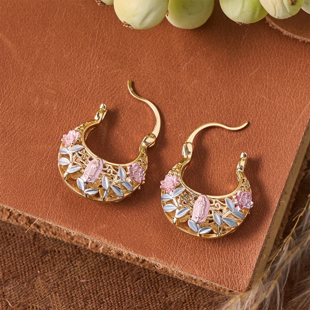 Openwork Filigree Floral Our Lady Basket Hoop Snap Earrings With Enamel Rose & Leaf Accents: Emblem of Tender Heavenly Shelter