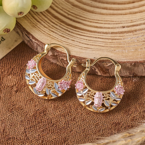 Openwork Filigree Floral Our Lady Basket Hoop Snap Earrings With Enamel Rose & Leaf Accents: Emblem of Tender Heavenly Shelter