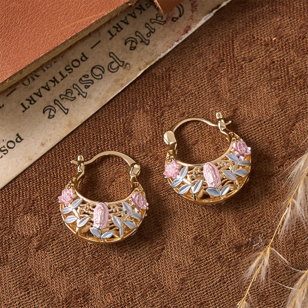Openwork Filigree Floral Our Lady Basket Hoop Snap Earrings With Enamel Rose & Leaf Accents: Emblem of Tender Heavenly Shelter