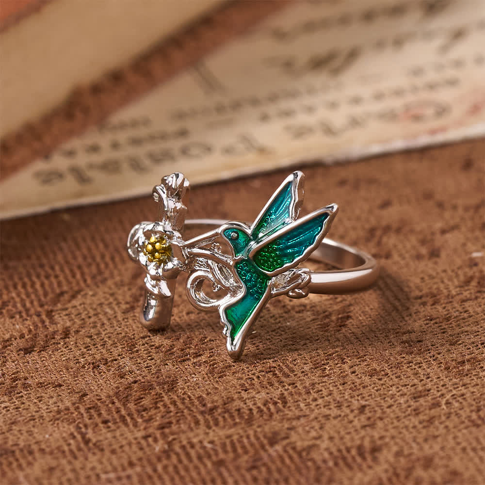 Green Enamel Hummingbird Floral Cross Ring: Emblem of Vigilant Heavenly Hope