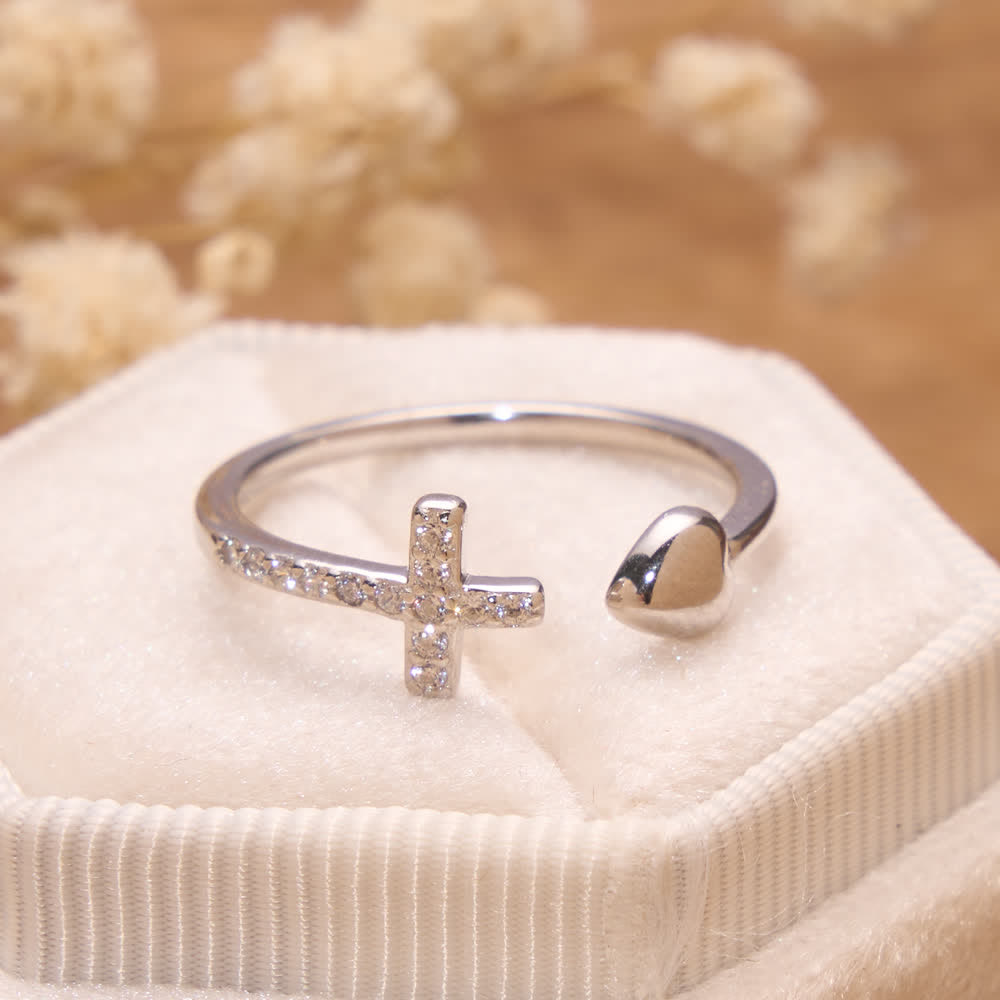 Minimal Pave Zircon Cross Open Ring With Solid Heart Tip: Emblem of Sincere Heavenly Devotion