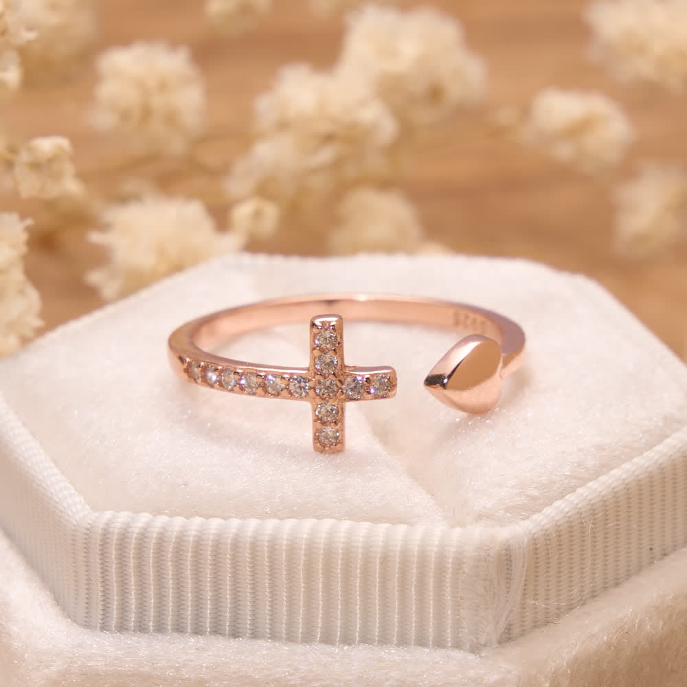 Minimal Pave Zircon Cross Open Ring With Solid Heart Tip: Emblem of Sincere Heavenly Devotion