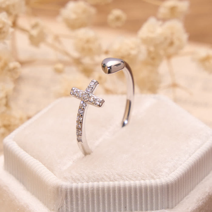 Minimal Pave Zircon Cross Open Ring With Solid Heart Tip: Emblem of Sincere Heavenly Devotion