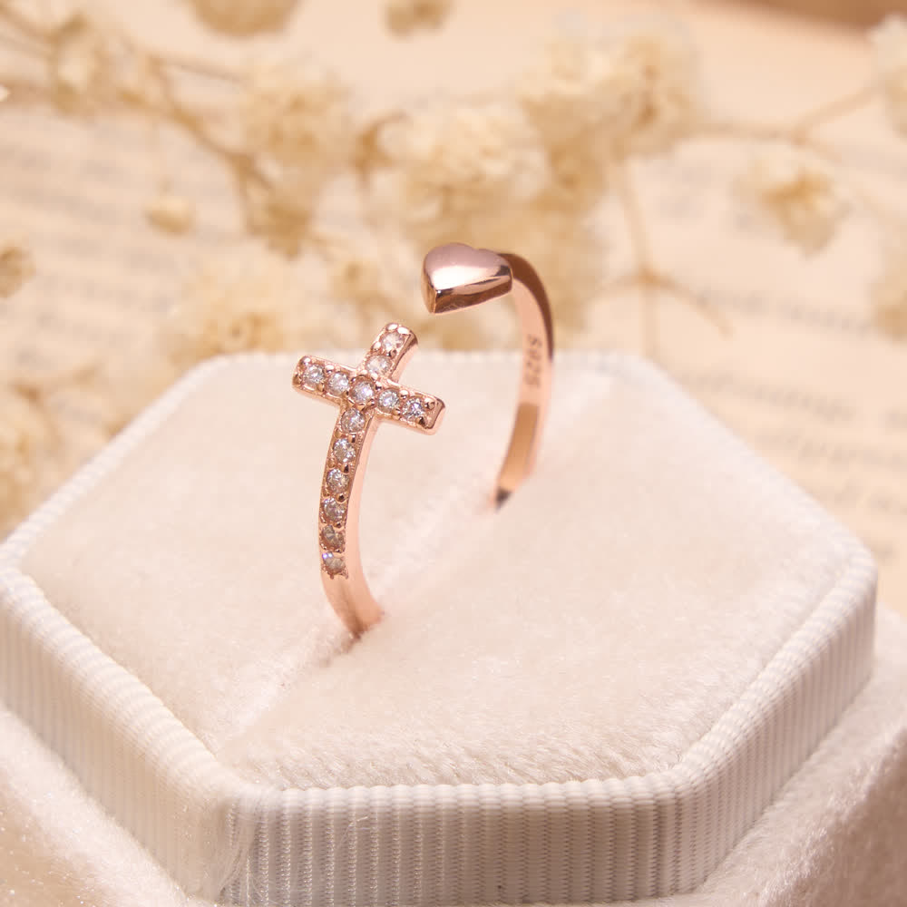 Minimal Pave Zircon Cross Open Ring With Solid Heart Tip: Emblem of Sincere Heavenly Devotion