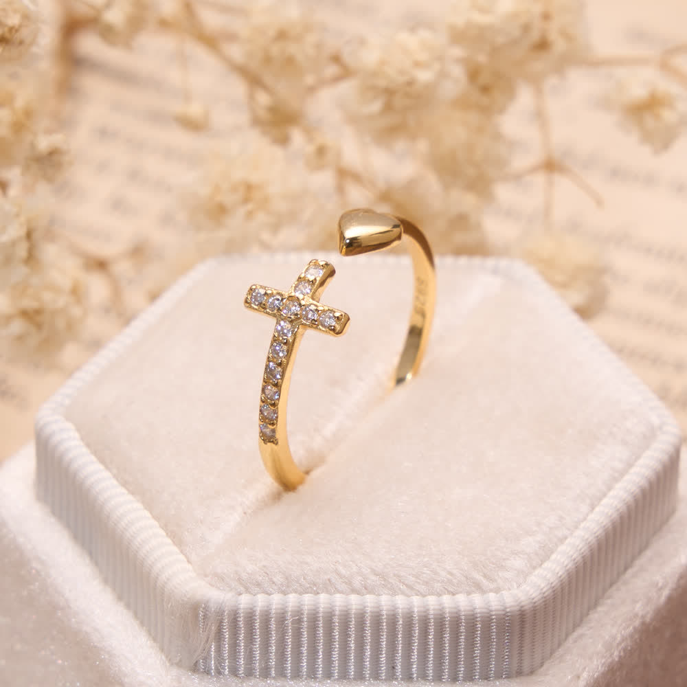 Minimal Pave Zircon Cross Open Ring With Solid Heart Tip: Emblem of Sincere Heavenly Devotion