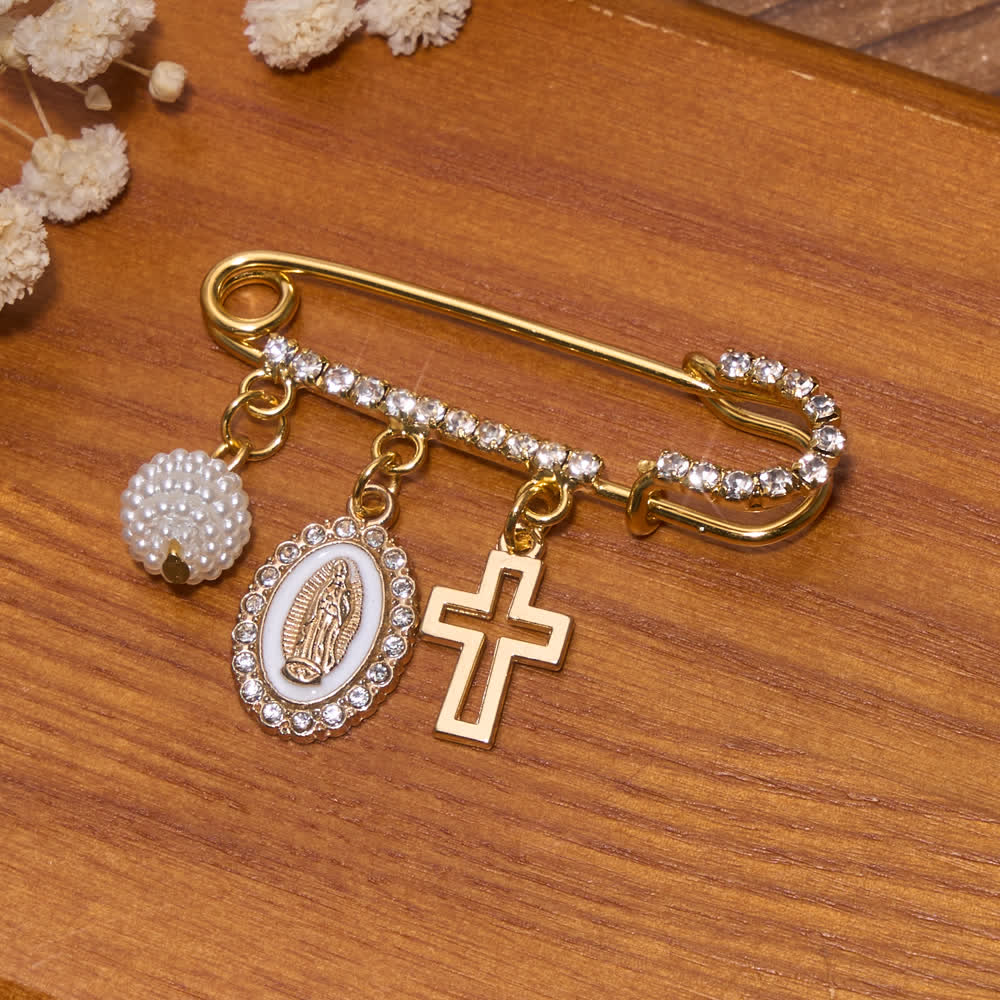 Rhinestone Brooch With Dangling Our Lady & Cross & Saint Benedict Charms: Emblem of Gentle Heavenly Shelter