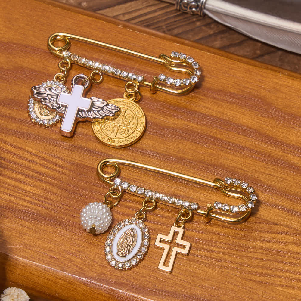 Rhinestone Brooch With Dangling Our Lady & Cross & Saint Benedict Charms: Emblem of Gentle Heavenly Shelter