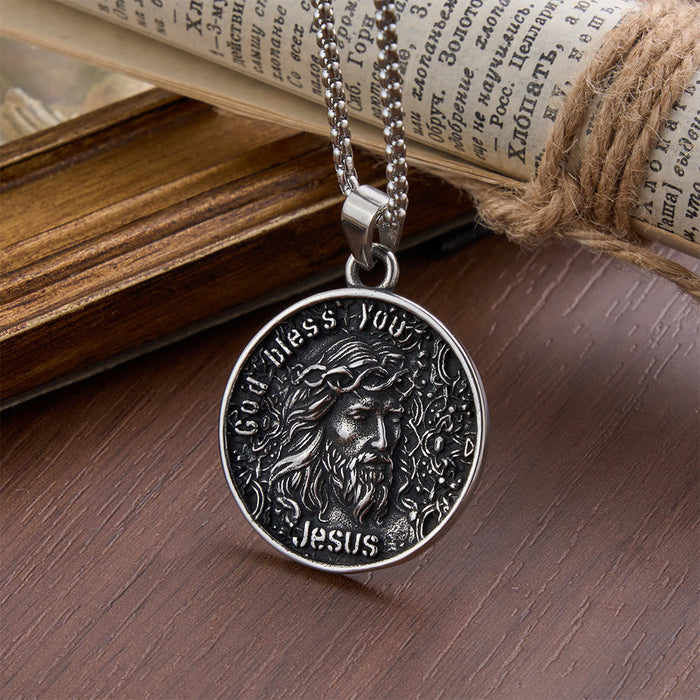 Vintage Embossed Jesus Portrait Coin Necklace: Emblem of Abiding Heavenly Blessing