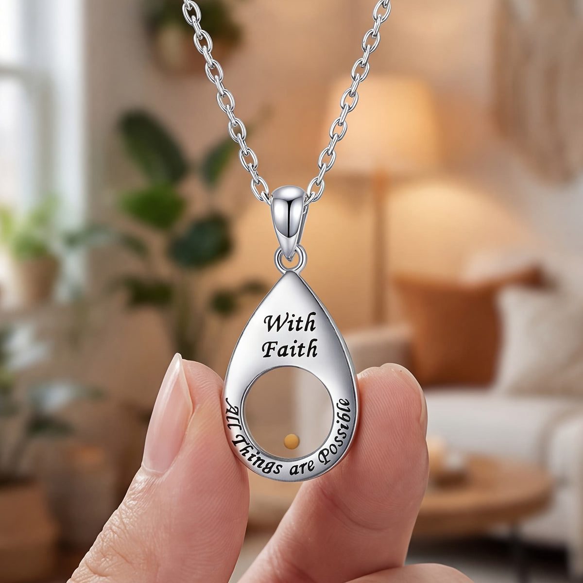 Teardrop Mustard Seed Faith Pendant Necklace: Emblem of Mighty Gentle Hope