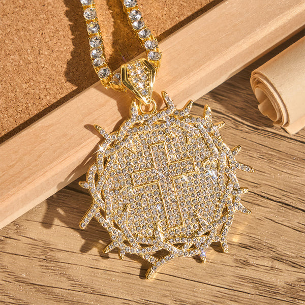 Iced Crown of Thorns Cross Medallion Tennis Chain: Emblem of Sacred Redeeming Grace