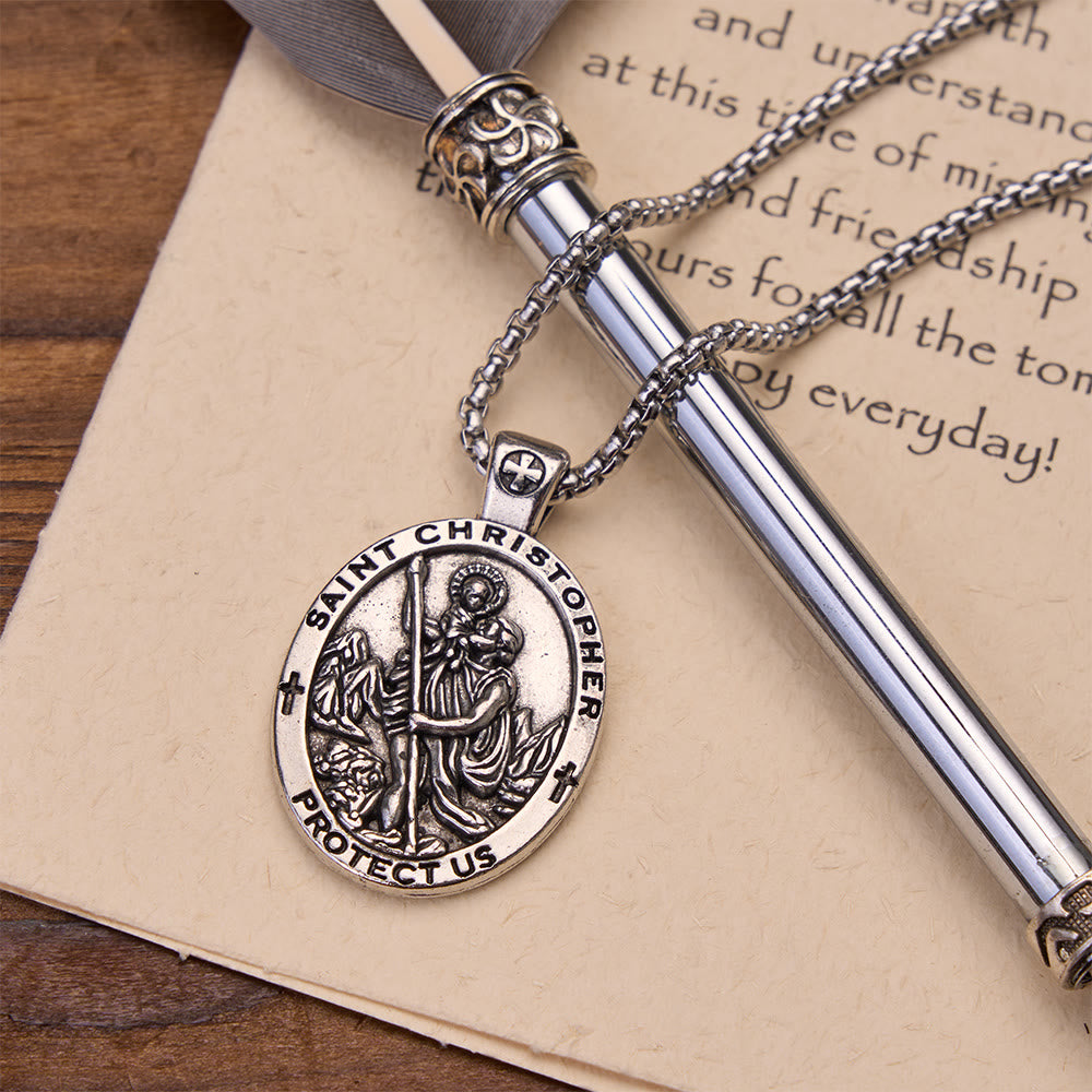 Double-Sided Embossed Saint Christopher Oval Medallion Necklace: Emblem of Safe Celestial Travel