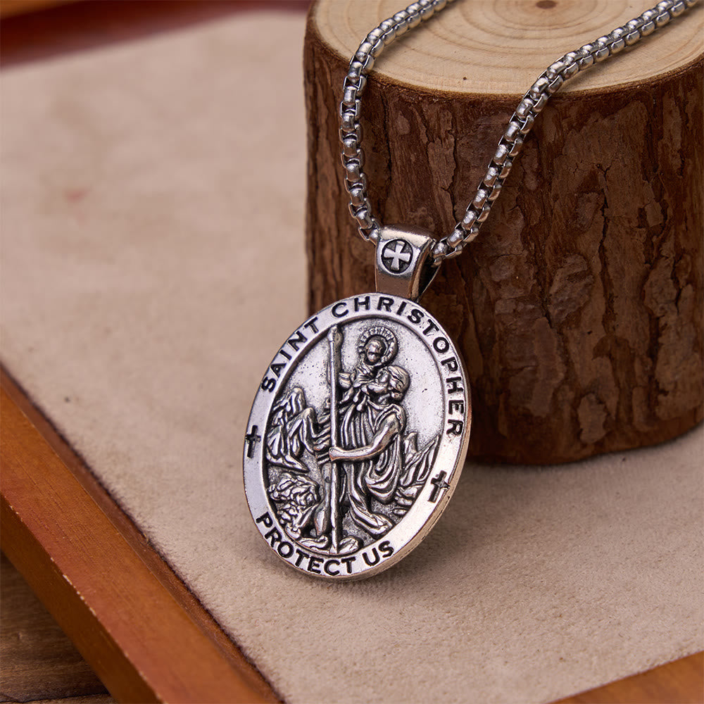 Double-Sided Embossed Saint Christopher Oval Medallion Necklace: Emblem of Safe Celestial Travel