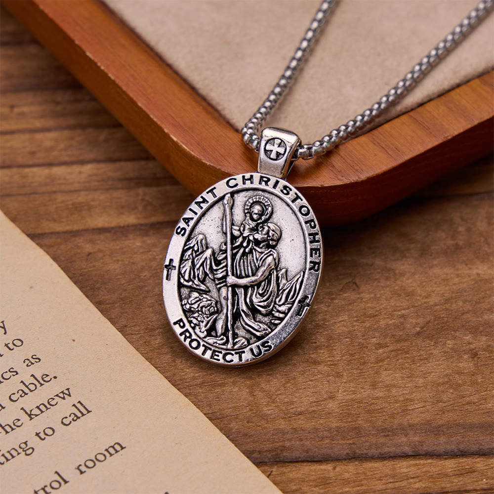 Double-Sided Embossed Saint Christopher Oval Medallion Necklace: Emblem of Safe Celestial Travel