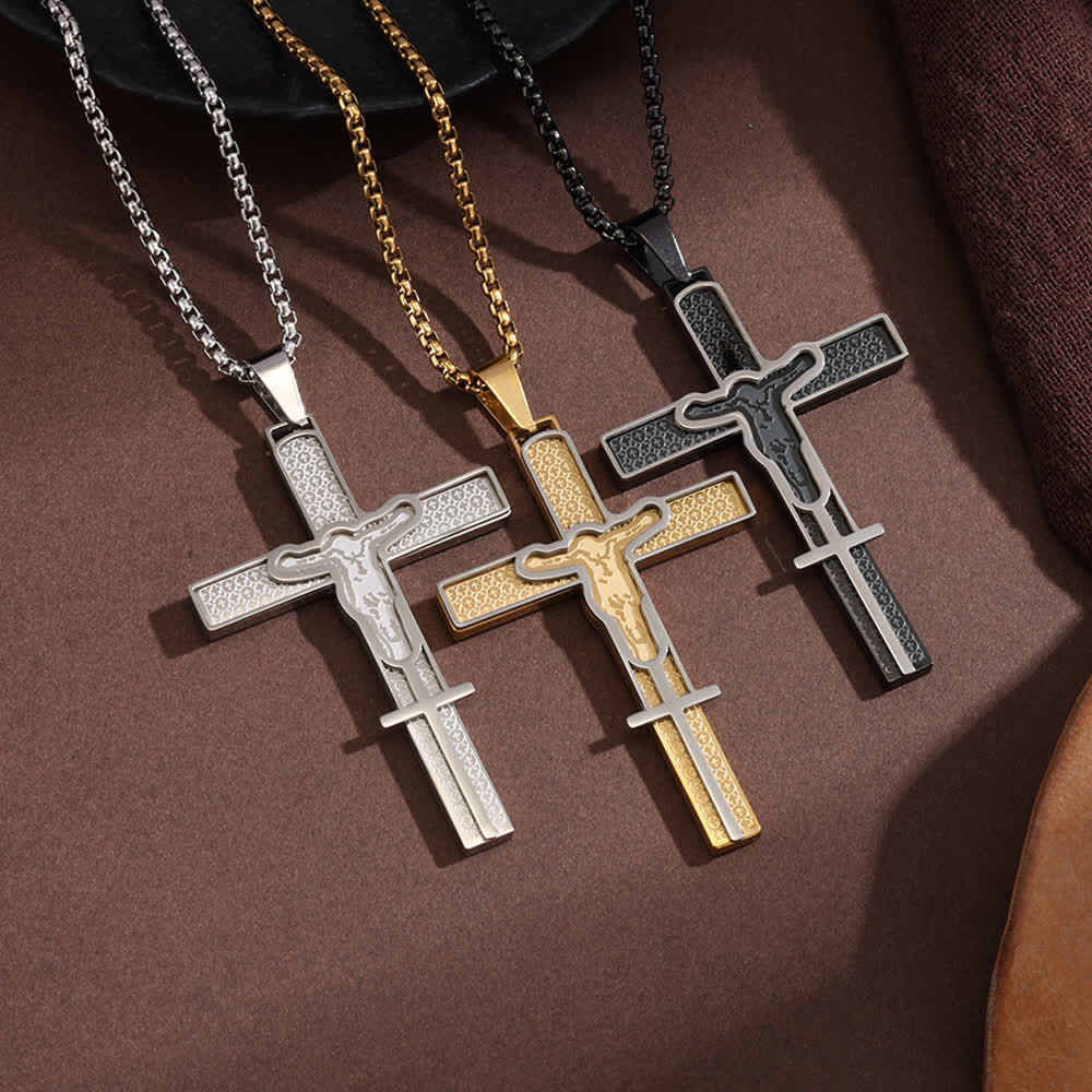 Layered Hollow Cutout Crucifix Box Chain Necklace With Textured Inlay Panel: Emblem of Boundless Heavenly Mercy