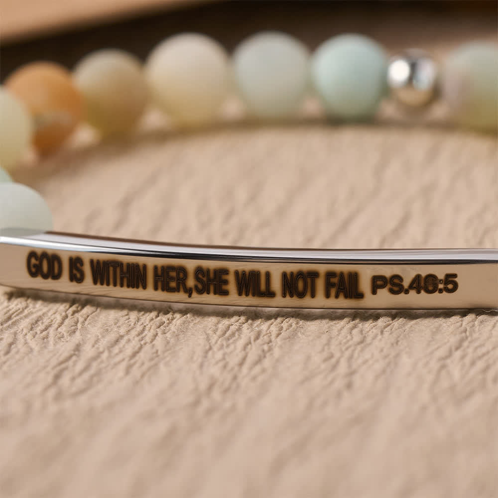 Engraved Curved Bar Stretch Beaded Bracelet With Psalm Verse God Is Within Her She Will Not Fail