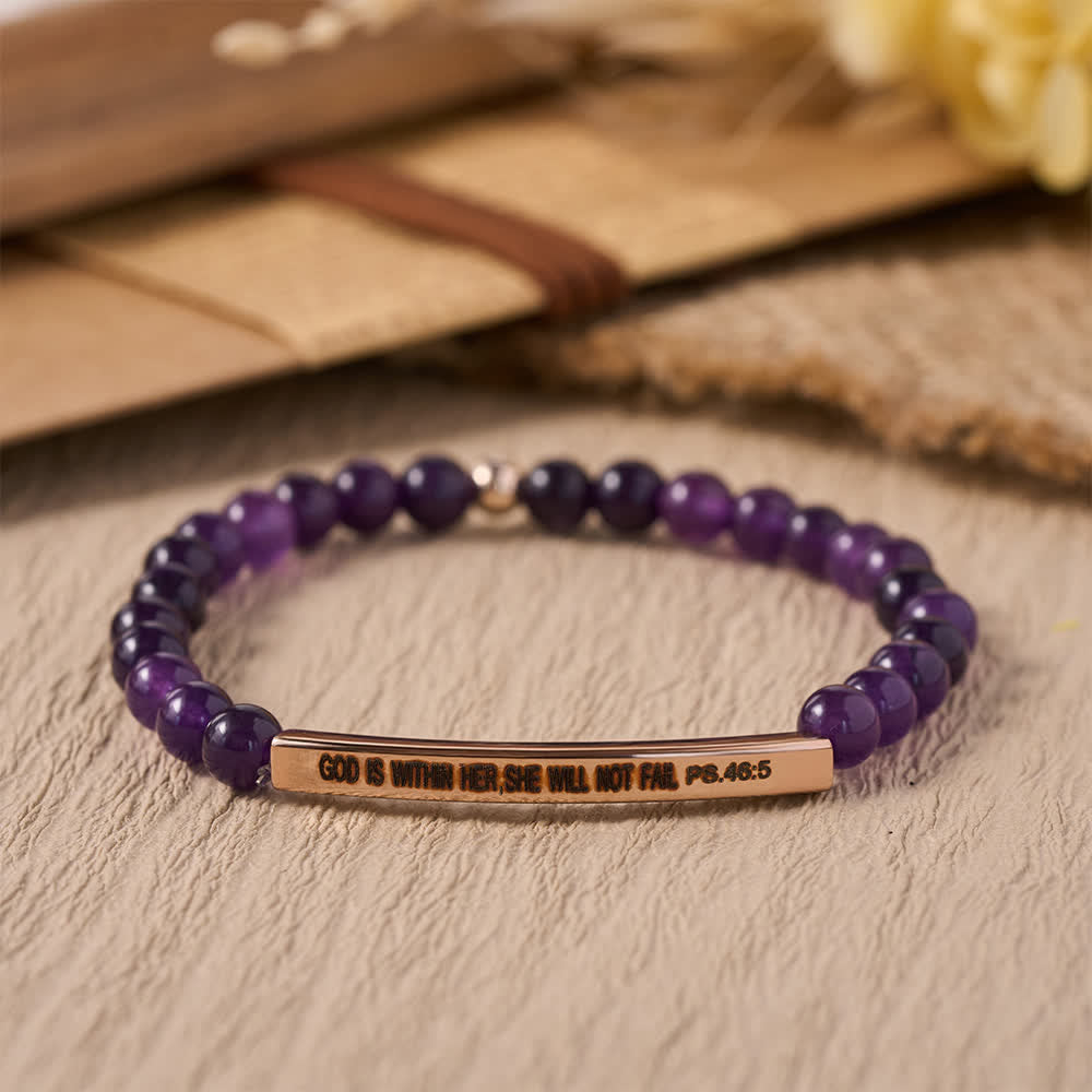 Engraved Curved Bar Stretch Beaded Bracelet With Psalm Verse God Is Within Her She Will Not Fail