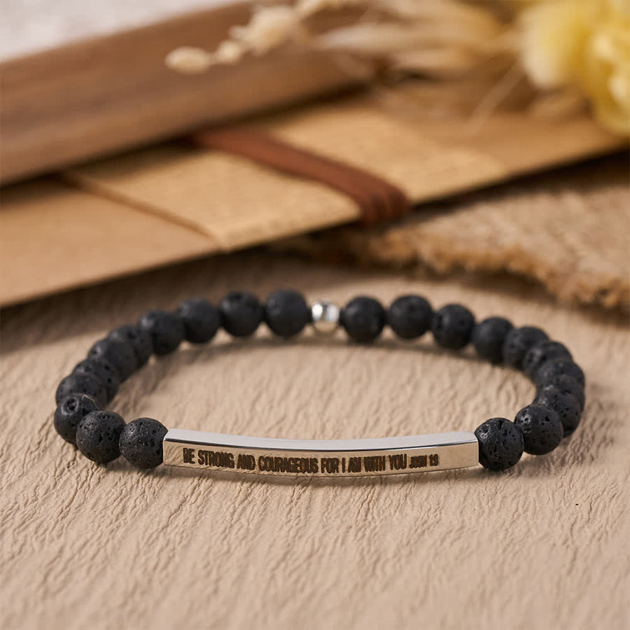Engraved Curved Bar Stretch Beaded Bracelet With Joshua 1:9 Scripture Verse: Emblem of Brave Heavenly Fortitude