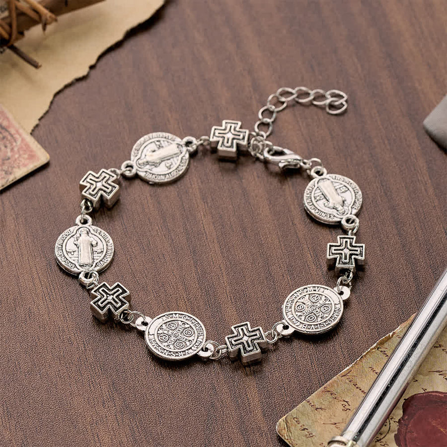 Vintage Antique Finish Link Bracelet With St. Benedict Medals & 3D Cross Spacers: Emblem of Constant Heavenly Safeguard