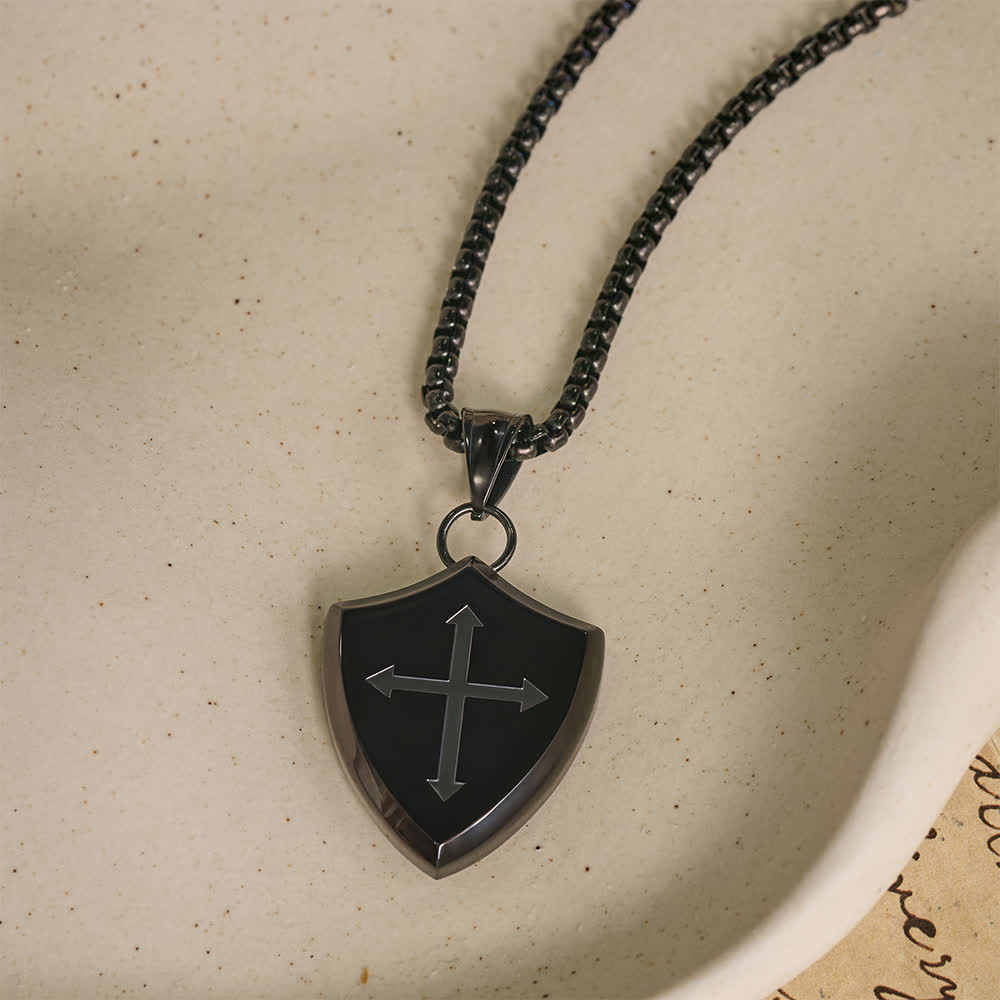 Double Sided Shield Rhinestone Cross Pendant Engraved Amor of God Joshua 1 Verse 9 Box Chain Necklace: Timeless Emblem of Gentle Heavenly Guardianship