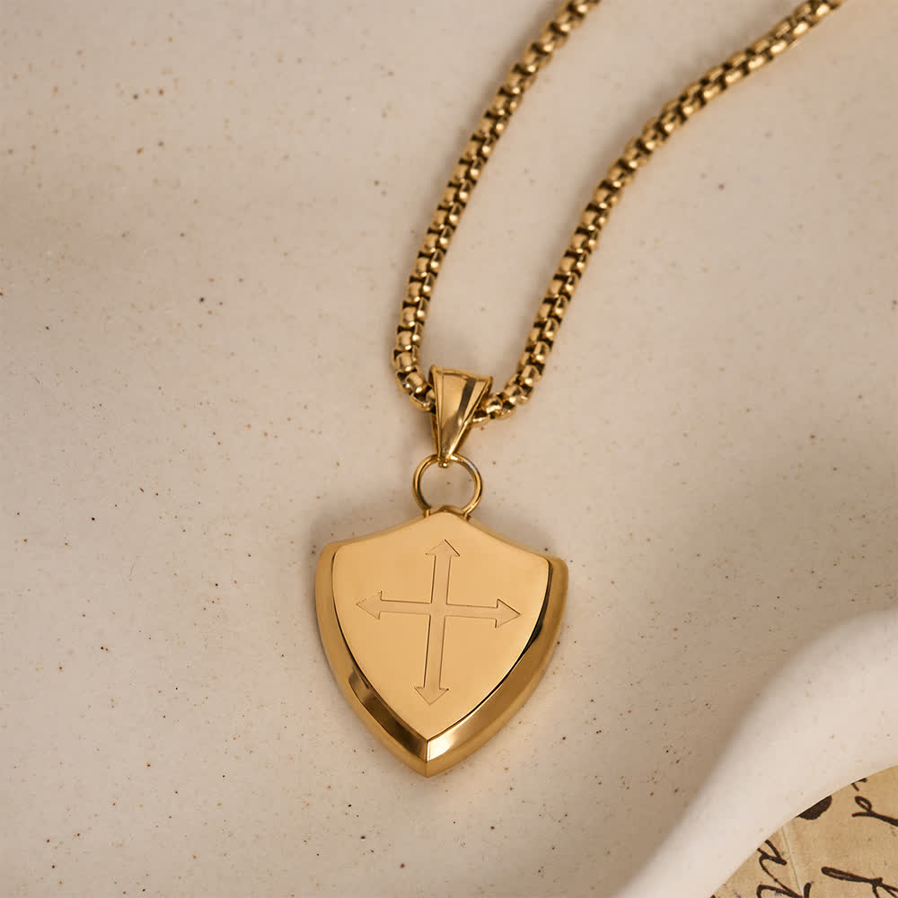 Double Sided Shield Rhinestone Cross Pendant Engraved Amor of God Joshua 1 Verse 9 Box Chain Necklace: Timeless Emblem of Gentle Heavenly Guardianship